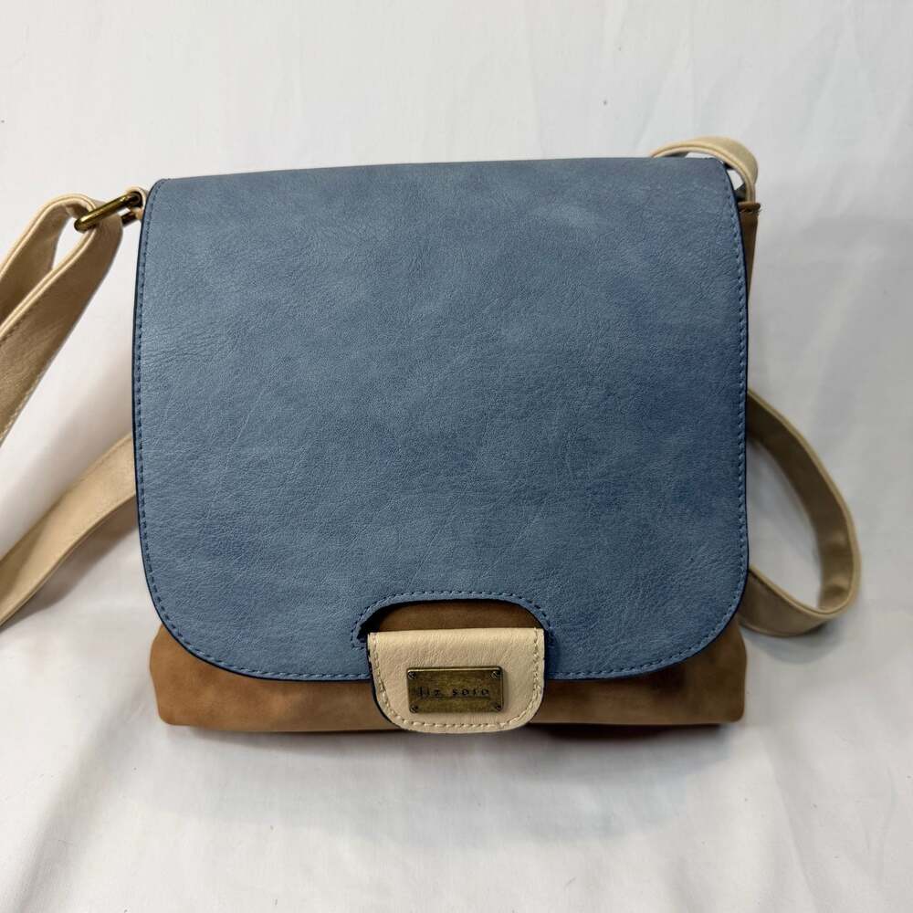 Amy Crossbody Purse Bag - Vegan Leather in Blue and Tan, Floral Interior